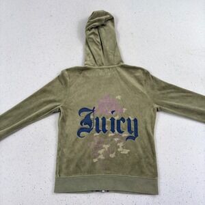 Juicy Couture Velour Hoodie Olive Green Back Graphic Y2K 2000s McBling Youth M